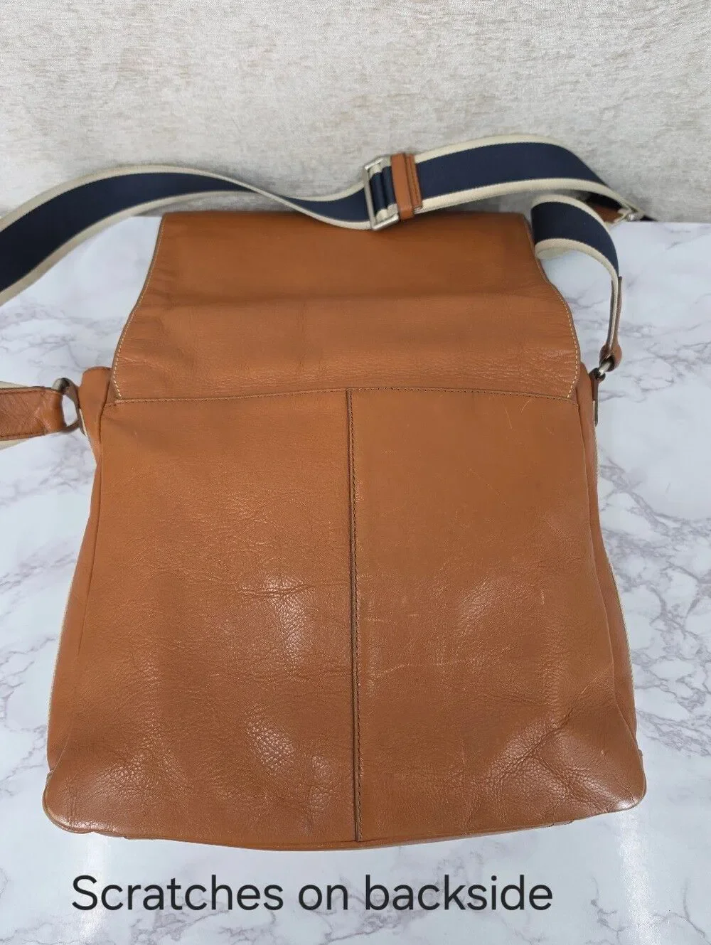 Coach Tan Leather Messenger Bag with Navy Web Strap